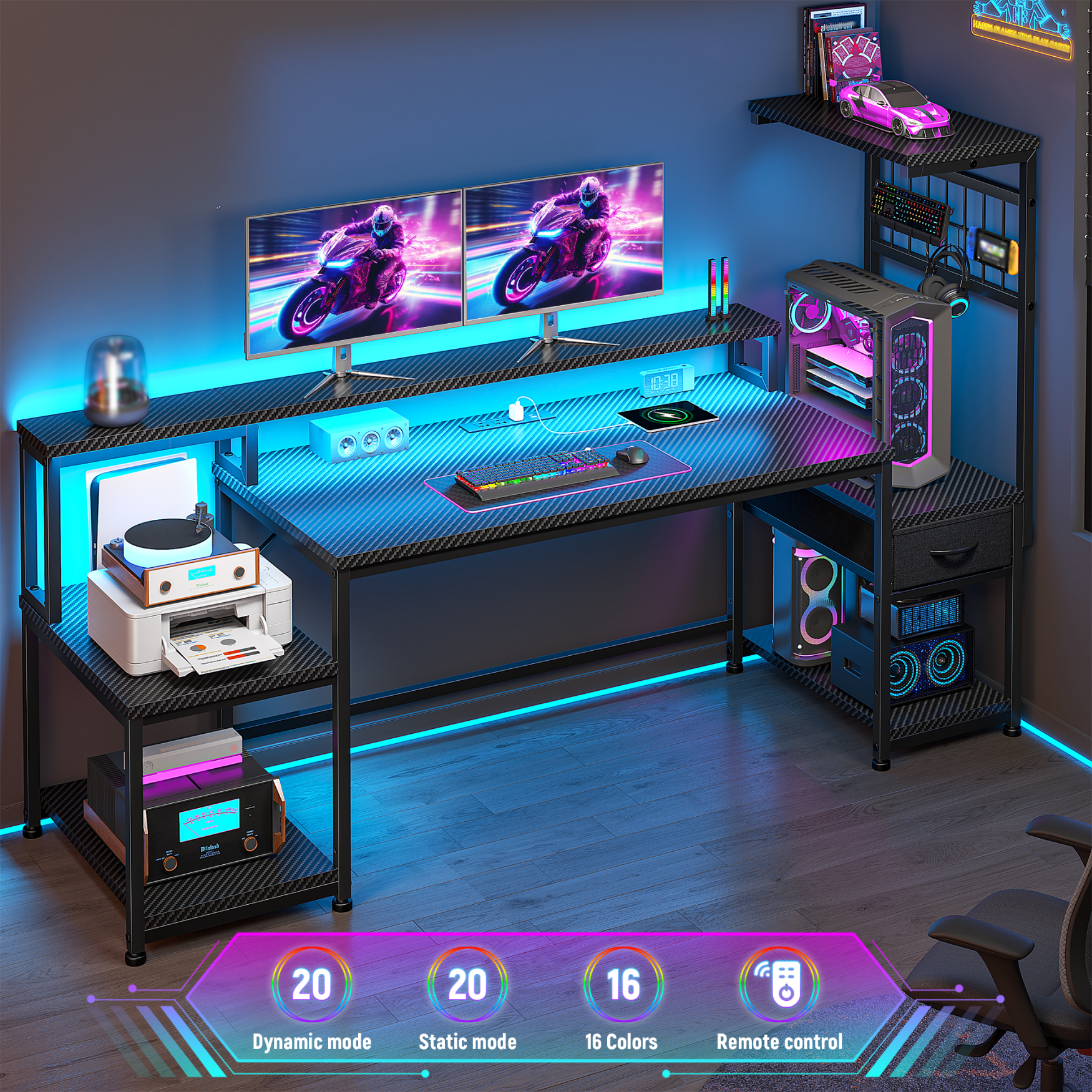 Romorgniz 63"W Gaming Desk Computer Desk with LED Lights & Outlets Corner Desk with Storage & Monitor Stand for Gaming,Studying,Home Office Desks,Black