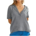 thumbnail image 2 of UPPADA Under 15 Womens V Neck Cotton Linen Shirts Roll Up Sleeve Pleated Blouses Solid Color Comfy Top Summer Casual Flowy Blouses Gray,S, 2 of 5