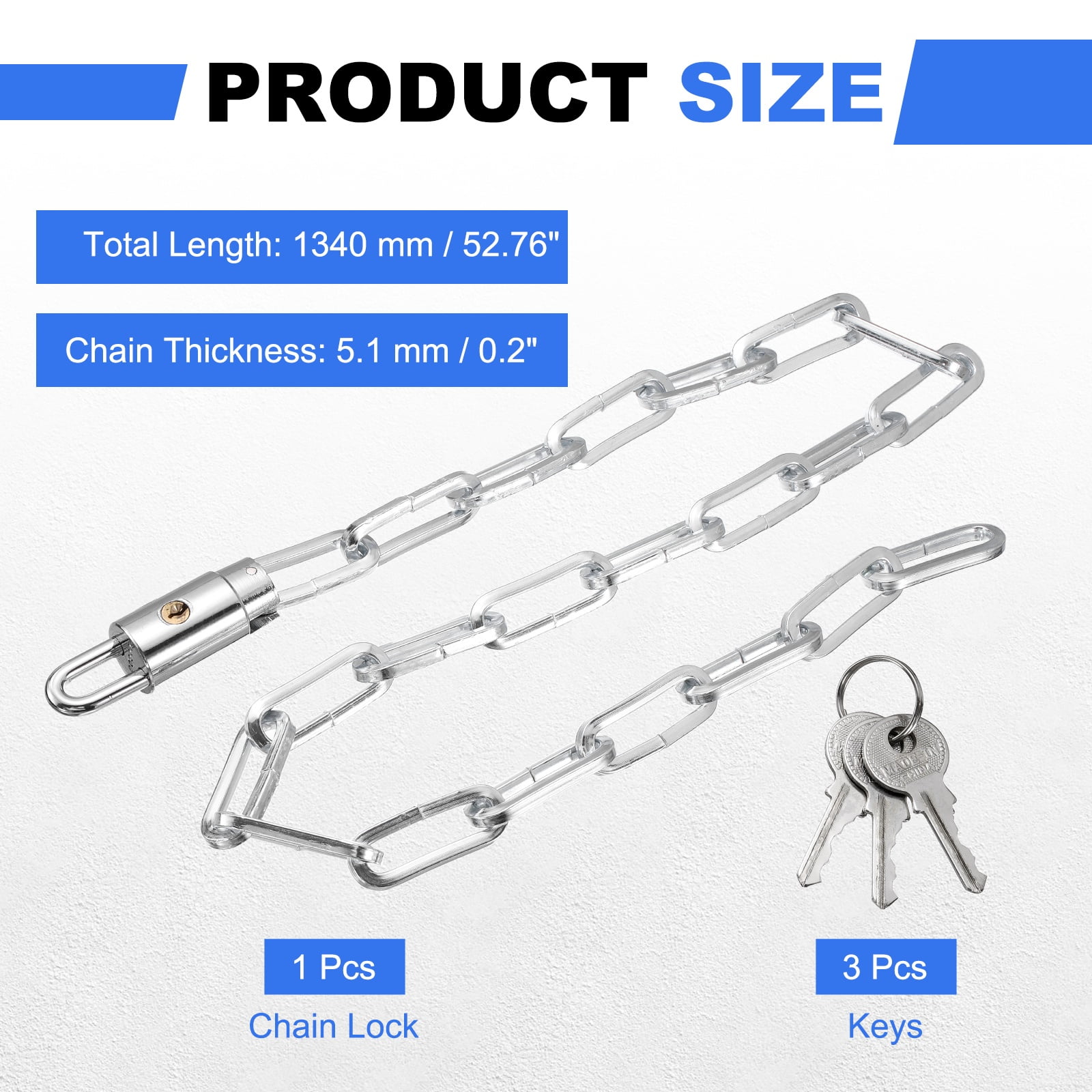 Bike Chain Lock, (53 Inch, Silver) (1 Pcs), Manganese Steel Anti-Theft Bicycle Chain Round Lock with Keys, Suit for - Bike/Motorcycle/Scooter/Truck