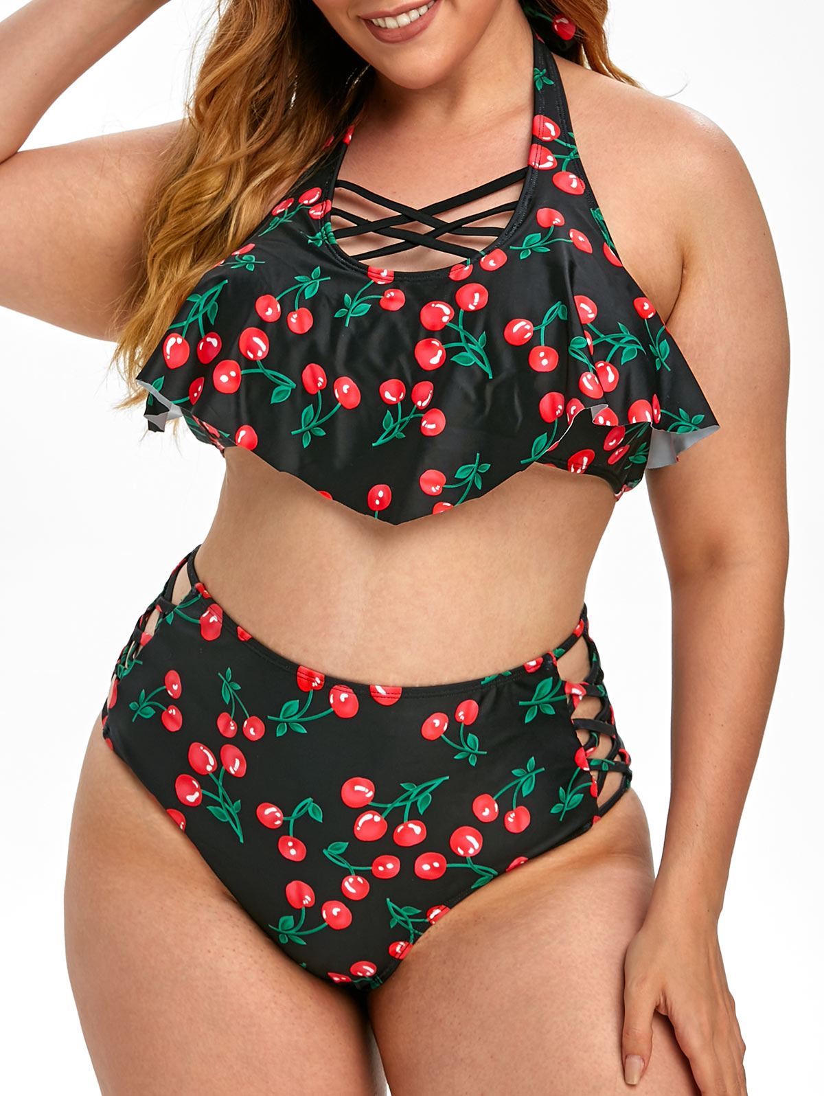 Rosegal for Women Plus Size Cherry Print Crisscross Tankini Swimwear Black  L - Walmart.com