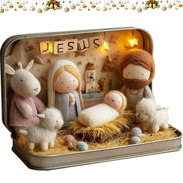 Herunwer Handmade Miniature Nativity Doll Scene, Portable Felt Nativity Set with LED Lights, Pocket Christmas Stable Decor, Christian Gift
