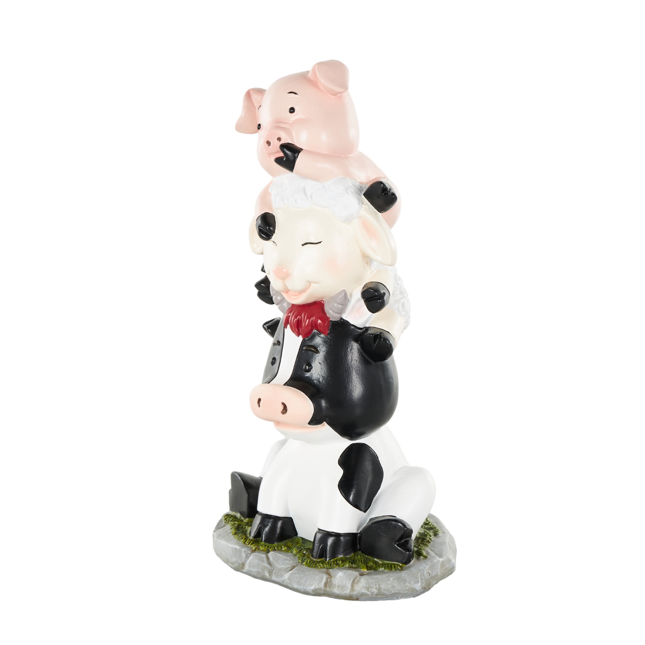 7" x 14" Multi Colored Polystone Stacked Farm Animals Sculpture with Gray and Green Accents, by DecMode