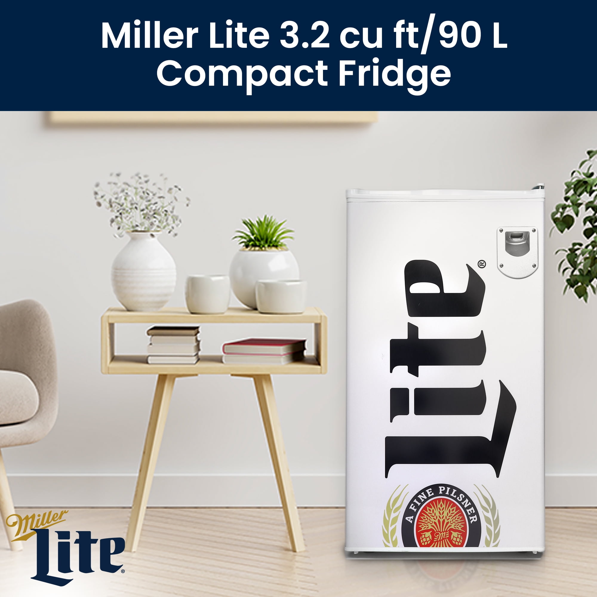 Miller Lite Compact 90 L Fridge with Bottle Opener, White