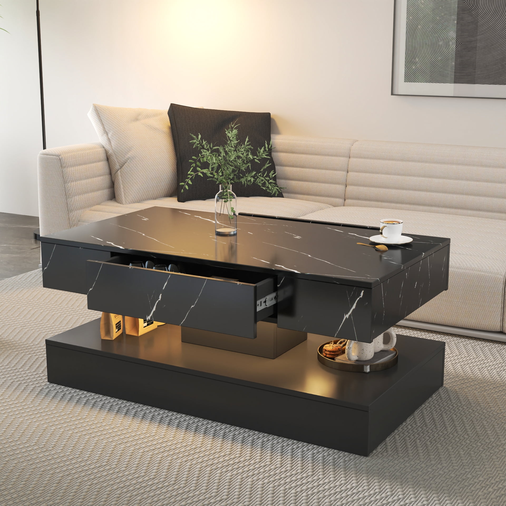 Modern LED Coffee Table with Storage Drawer for Living Room, White