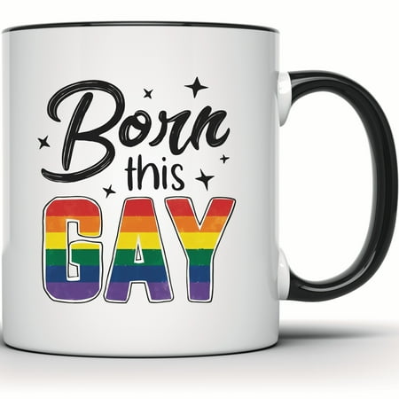 Born This Gay Mug - LGBTQ Pride Gift | Rainbow Flag, Gay Pride, Queer Mug | Funny LGBTQ Mug for Him & Her - 11 Ounce Black Rim Handle Novelty Coffee Cup - WMUG1970-BLK