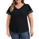 thumbnail image 1 of GRACE & GRANDEUR Camisetas de Talla Grande para Mujeres, Cuello en V, Mangas Cortas con Volantes, Rayas, Colores Contrastantes, Blusas 4X Negro, 1 of 1