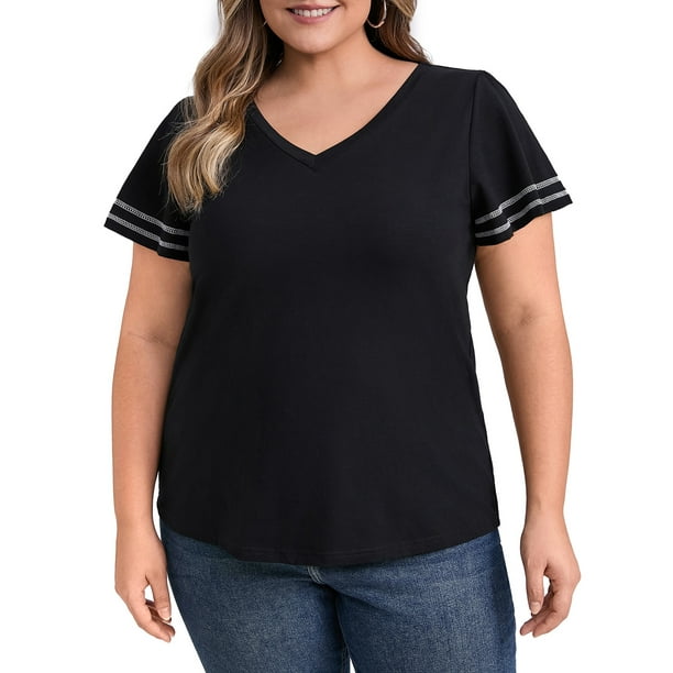 GRACE & GRANDEUR Camisetas de Talla Grande para Mujeres, Cuello en V, Mangas Cortas con Volantes, Rayas, Colores Contrastantes, Blusas 4X Negro
