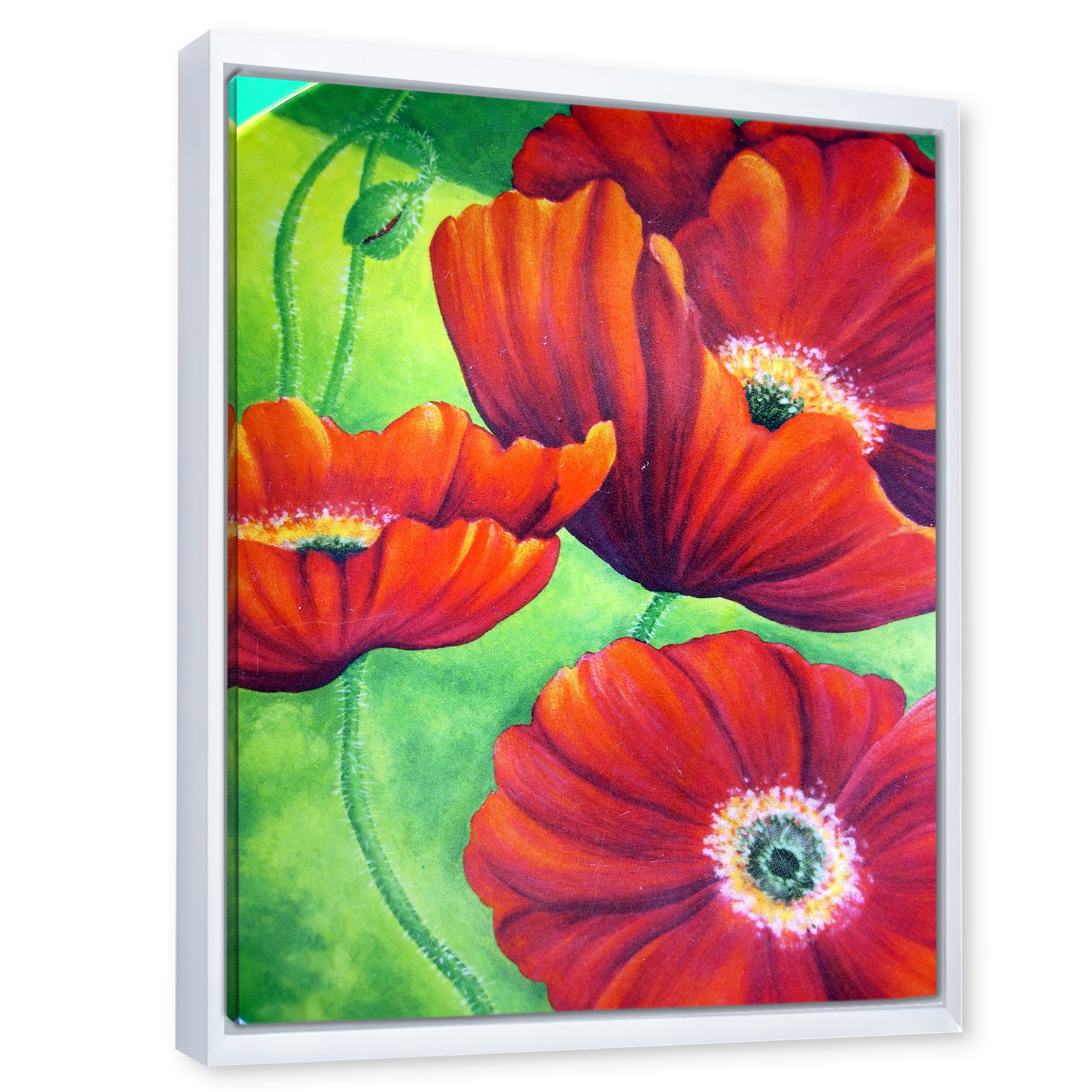 Red Blossoming Poppies Over Wild Green V 12 in x 20 in Framed Painting Canvas Art Print, by Designart