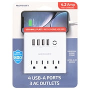 Merkury Innovations Surge Protector 4.2A USB Wall Charger, 3-Outlet Extender, 4 USB Ports and Phone Stand - White