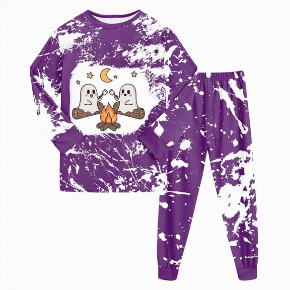 TOWED22 2 Piece Boys Girl Halloween Pajamas Kids Pumpkin Head Glow Print Long Sleeve Top and Pants Pajamas Pjs Sleepwear Set for Toddler Little Boys(Purple,7Y)