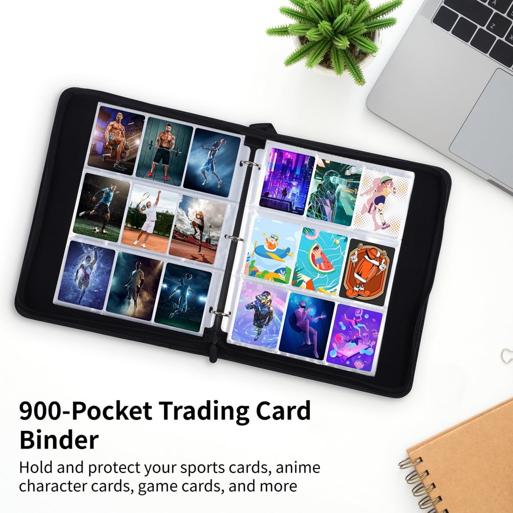 900-Pocket Trading Card Binder, Portable Card Binder with Removable Sheets, Sports Card Binder, PU Leather Storage Case with Zipper for Standard-sized Baseball, Football, Basketball Cards