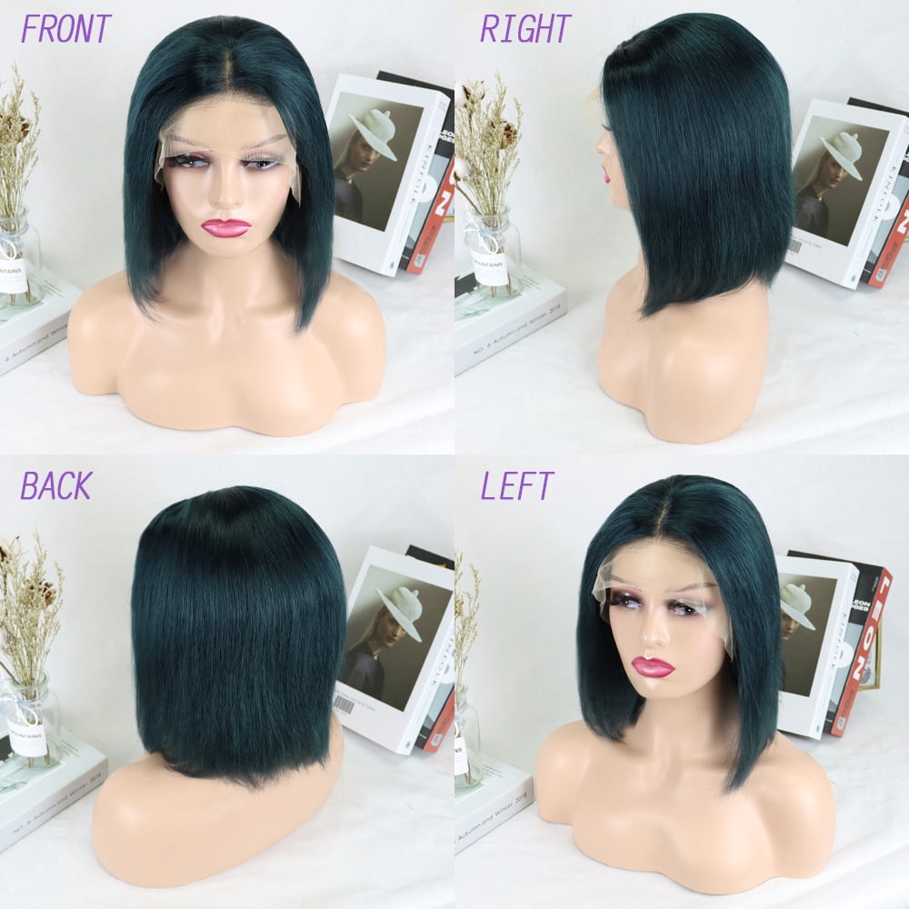 Short Colored Bob Wigs 13×4 Lace Front Human Hair Wigs 14 Inch with Baby Hair 150% Density Straight Bob Green Wigs Brazilian Hair for Women