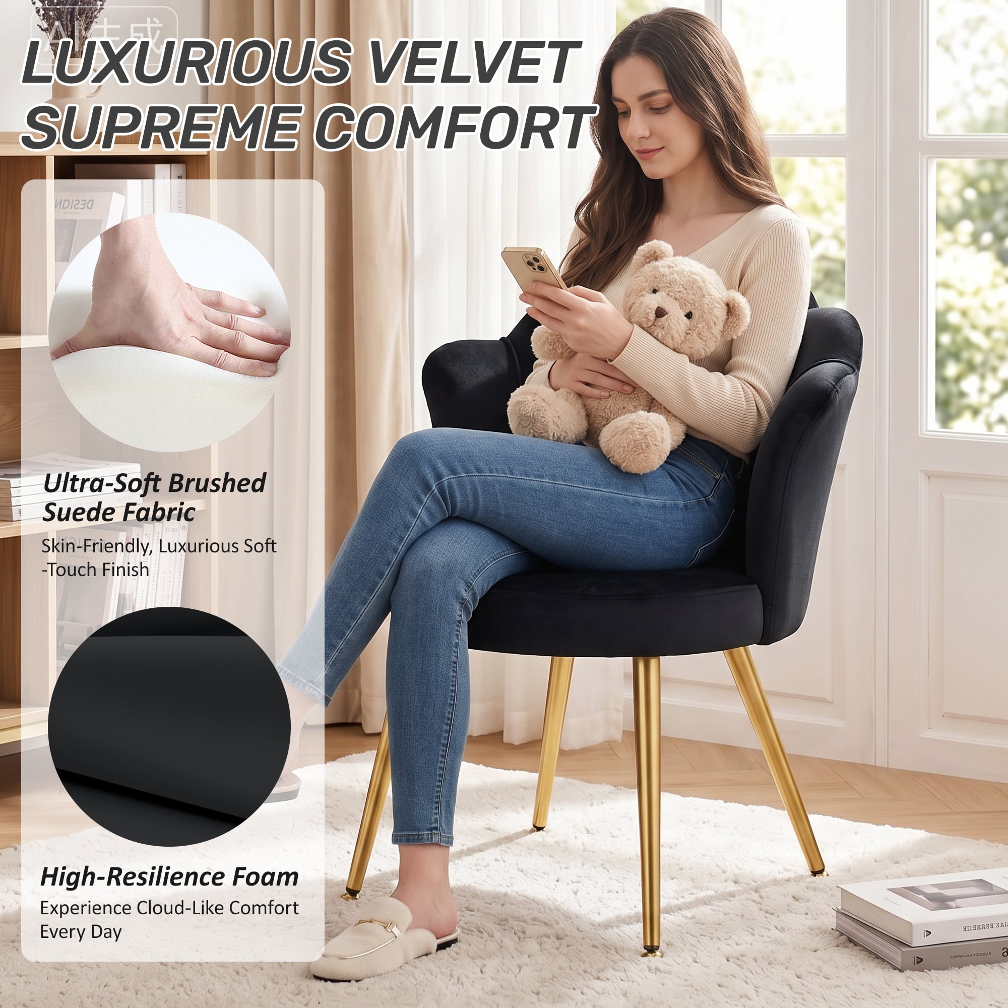 COOLHUT Petal Velvet Vanity Chair, Flower Cute Girls Mack Up Vanity Stool Chair with Lumber Pillow and Adustable Gold Legs, Upholstered Small Desk Chair for Living Room Bedroom Home Office, Black