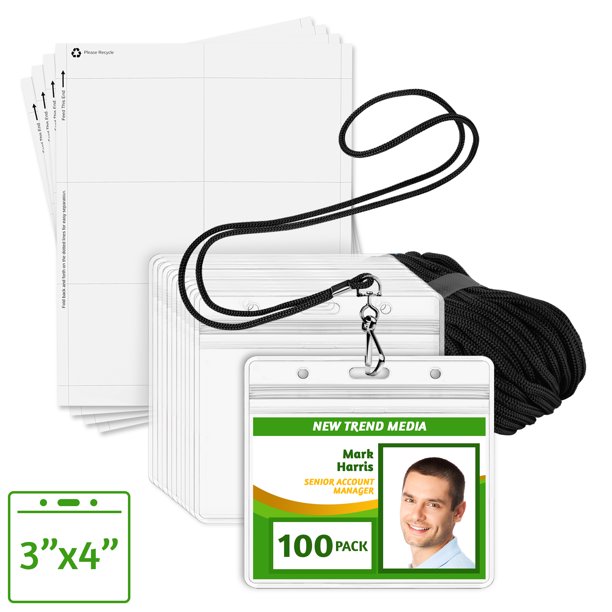 EcoEarth Clear 3" x 4" Horizontal ID Badge Holder + Black Lanyards
