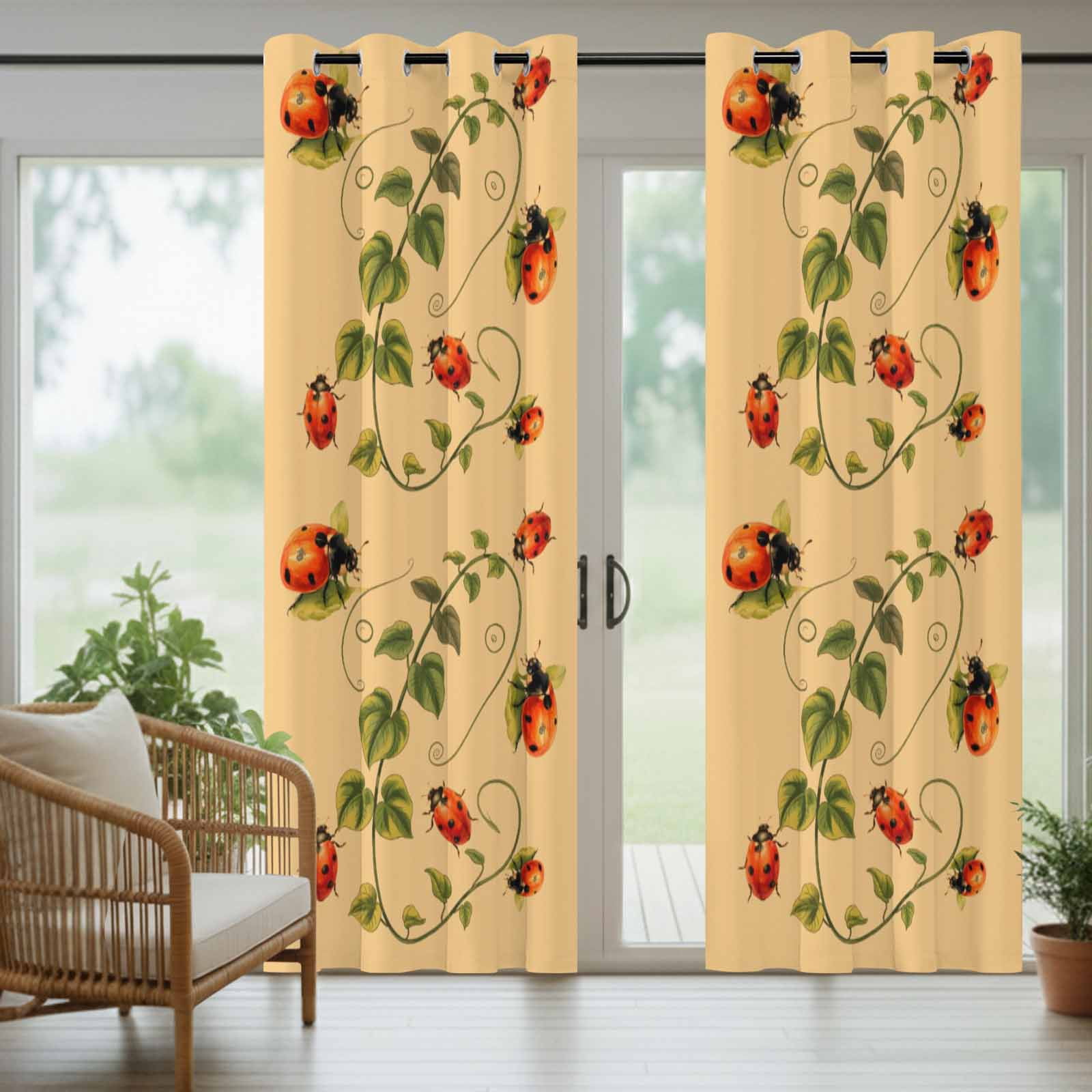 Outdoor Curtains for Patio Waterproof, Ladybugs Eucalyptus Outdoor Privacy Panels Grommet, Spring Botanical Leaves Yellow Blackout Outside Curtains for Porch/Cabana/Pergola/Gazebo 54"x84", 1 Panel