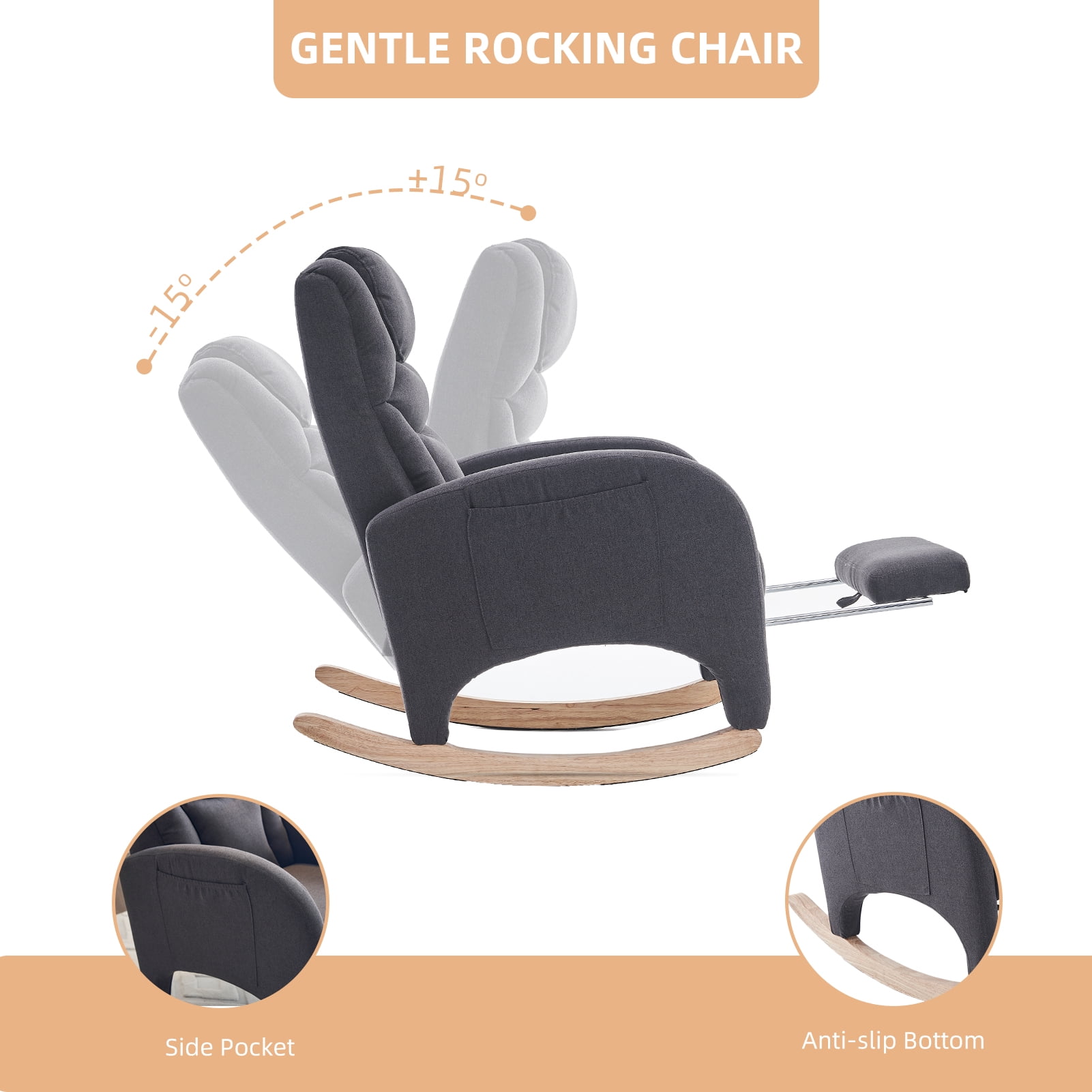 ALAKFORM Rocking Chair Nursery with Foot Rest,Cotton Linen Glider Rocker with Wood Legs, Nursing Rocking Chair Indoor for Living Room/Nursery,Dark Gray