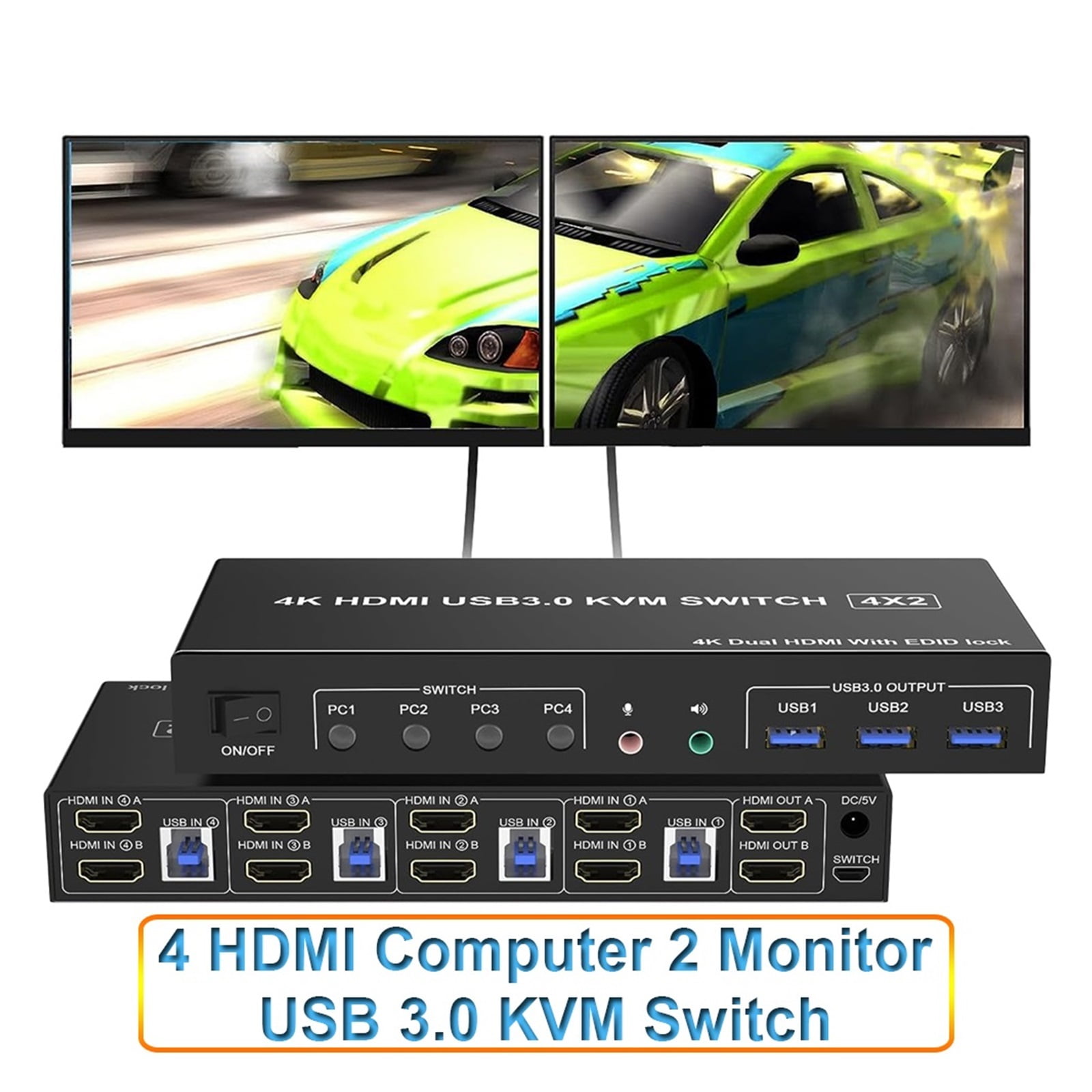 4 Port USB 3.0 KVM Switch 4X2 Dual Monitor 4K@60Hz Extended Display DP KVM Switch 4 In 2 Out For 4 PC Share Keyboard Mouse