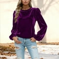 thumbnail image 2 of Lenpel Velvet Tops for Women Loose Lantern Long Sleeve Crew Neck Pleated Vintage T Shirts Dressy Casual Velour Blouses(Purple,X-Large), 2 of 5