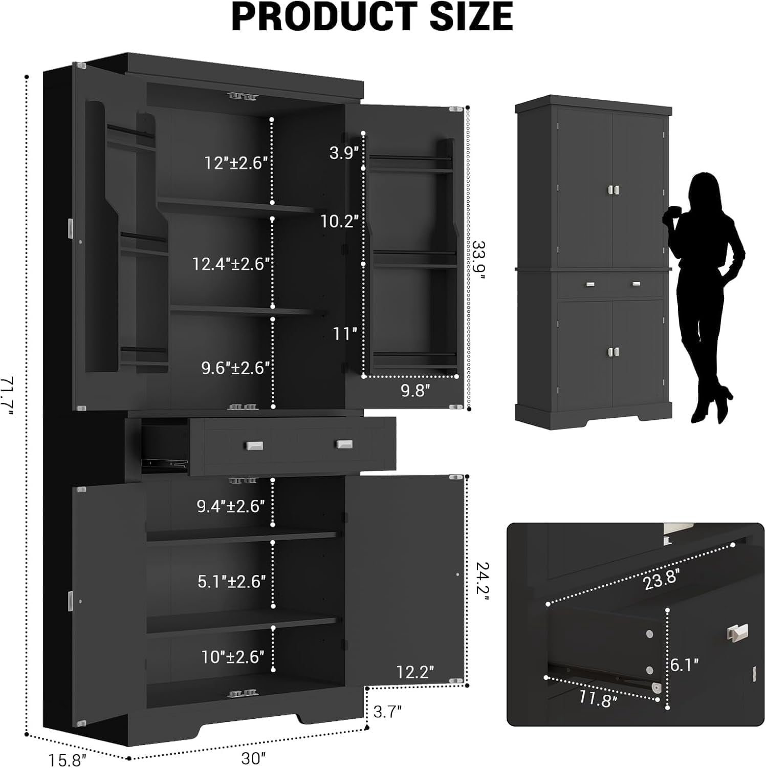 Yeshouse 71.7 Inch Kitchen Pantry Cabinet,Freestanding High Cupboard Bathroom Storage Cabinet with 2 Drawer & Cabinets, 3 Adjustable Shelves, 6 Door Shelves,for Living Room, Kitchen