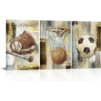 Hieng Vintage Sports Canvas Wall Art Baseball Basketball Football Picture Poster Prints Boy Room Painting Toddler Playroom Balls Teens Men Gift for Office Living Room(Only canvas)