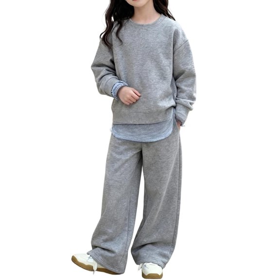 Coerni Girls Boys 2 Piece Sweatsuit Faux Layer Tunic Sweatshirt and Wide Leg Sweatpants Casual Matching Sets Fall Winter Tracksuit
