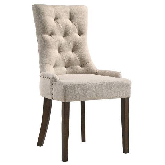Set of 2 Beige Parson Chairs with Weathered Oak Tufted Back for Dining Room or Kitchen Seating