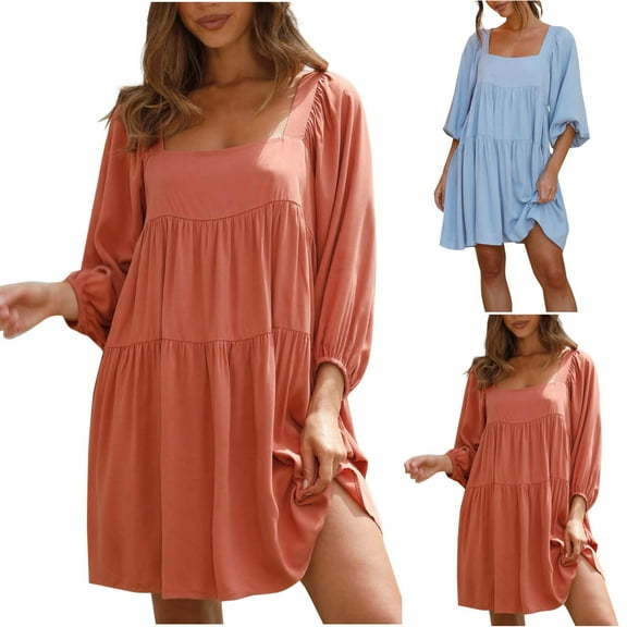 FNFYFH Womens Square Neck Babydoll Dress 3/4 Lantern Sleeve Flowy Tiered Dress Loose Tunic Mini Dresses