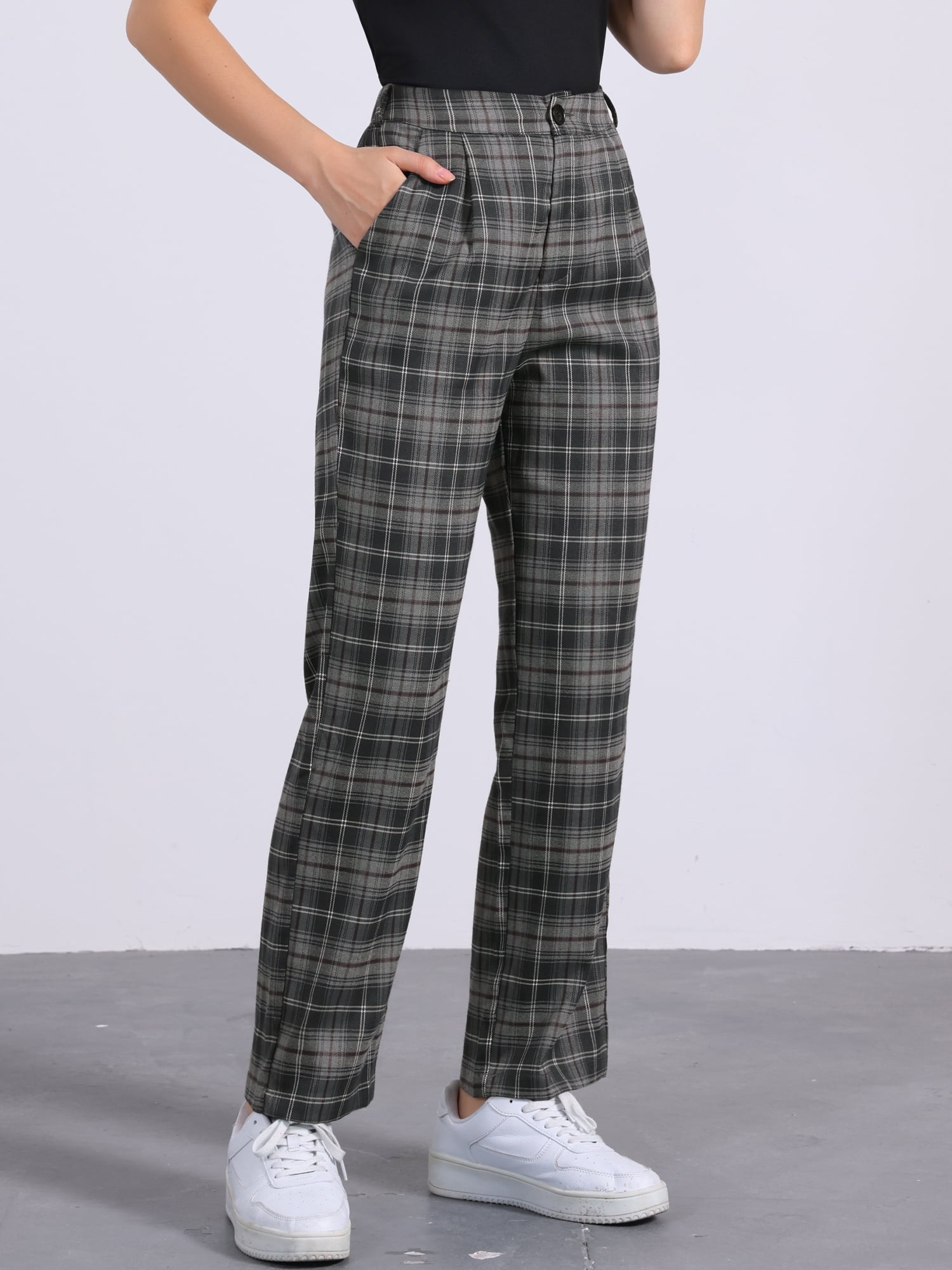 DARING DIVA Women's Plaid Pants Elastic Waist Casual Long Trousers XL Dark Gray Brown