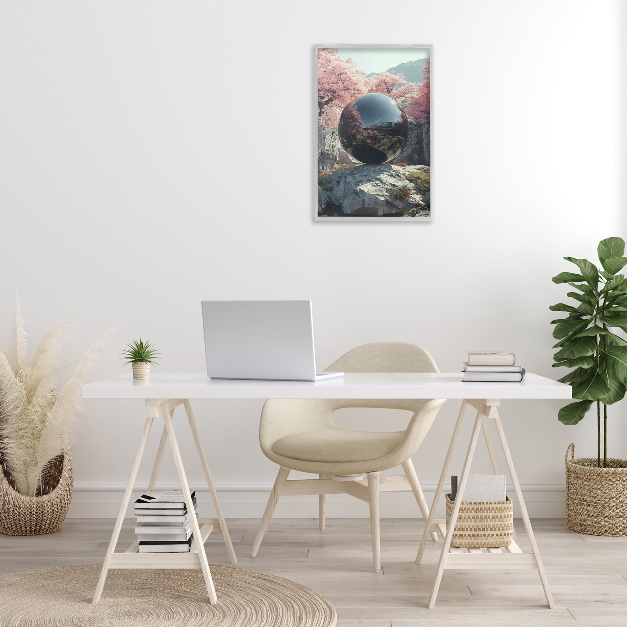 Stupell Industries Surreal Reflective Ball Landscape Painting Gray Framed Art Print Wall Art, 16 x 24