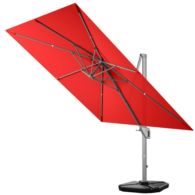 Gymax Parasol Déporté de Patio 10 X 10 Pi Couleur Vin avec Cadre en Aluminium et Fonction d'Inclinaison à 360°. Doté d'Un Auvent en Tissu polyester durable de 250 G/m2 Soutenu par 8 Nervures en Aluminium, d'Un Système à Manivelle pour une Utilisation Facile et d'Une base Lestée pour la Stabilité. Idéal pour patios, Jardins et Cafés Extérieurs.