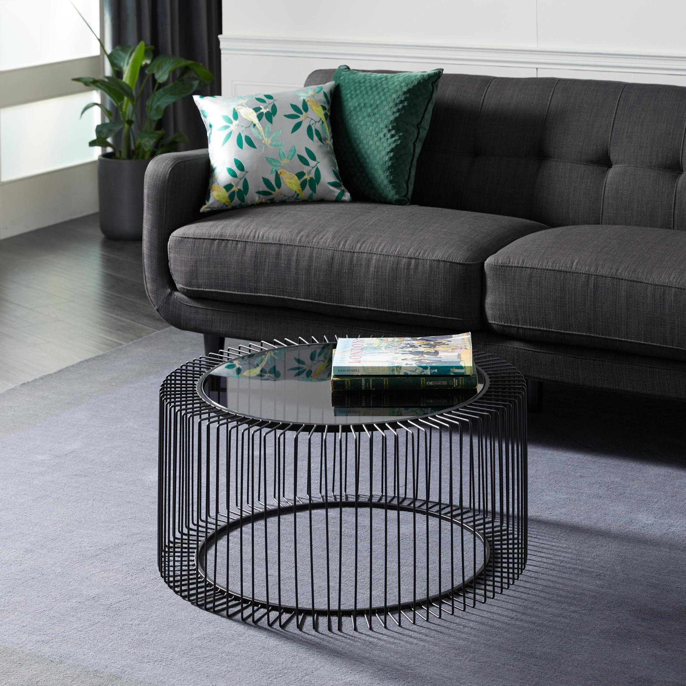 DecMode Contemporary Round Coffee Table, 32"W x 15"H Features Clear Glass Top and Black Open Metal Design