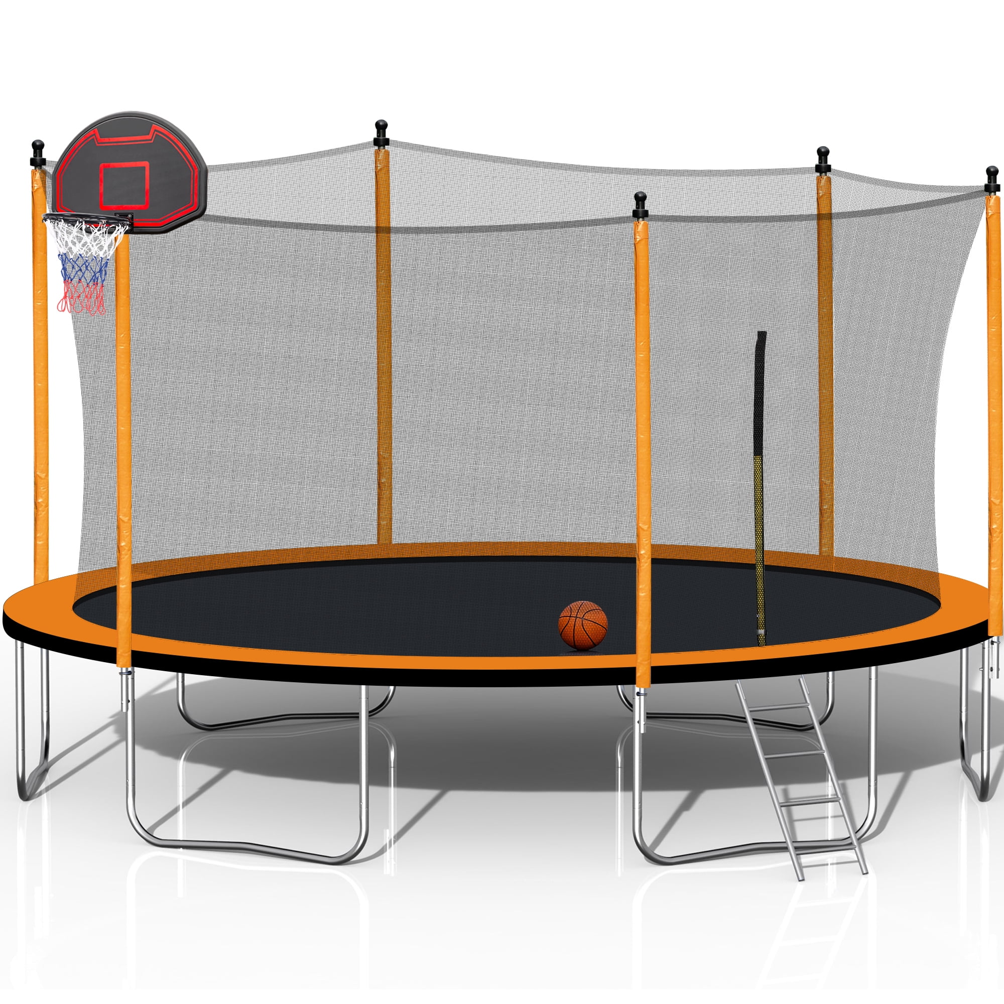 moobody 15FT Trampoline with Basketball Hoop Inflator and Ladder(Inner Safety Enclosure) Orange