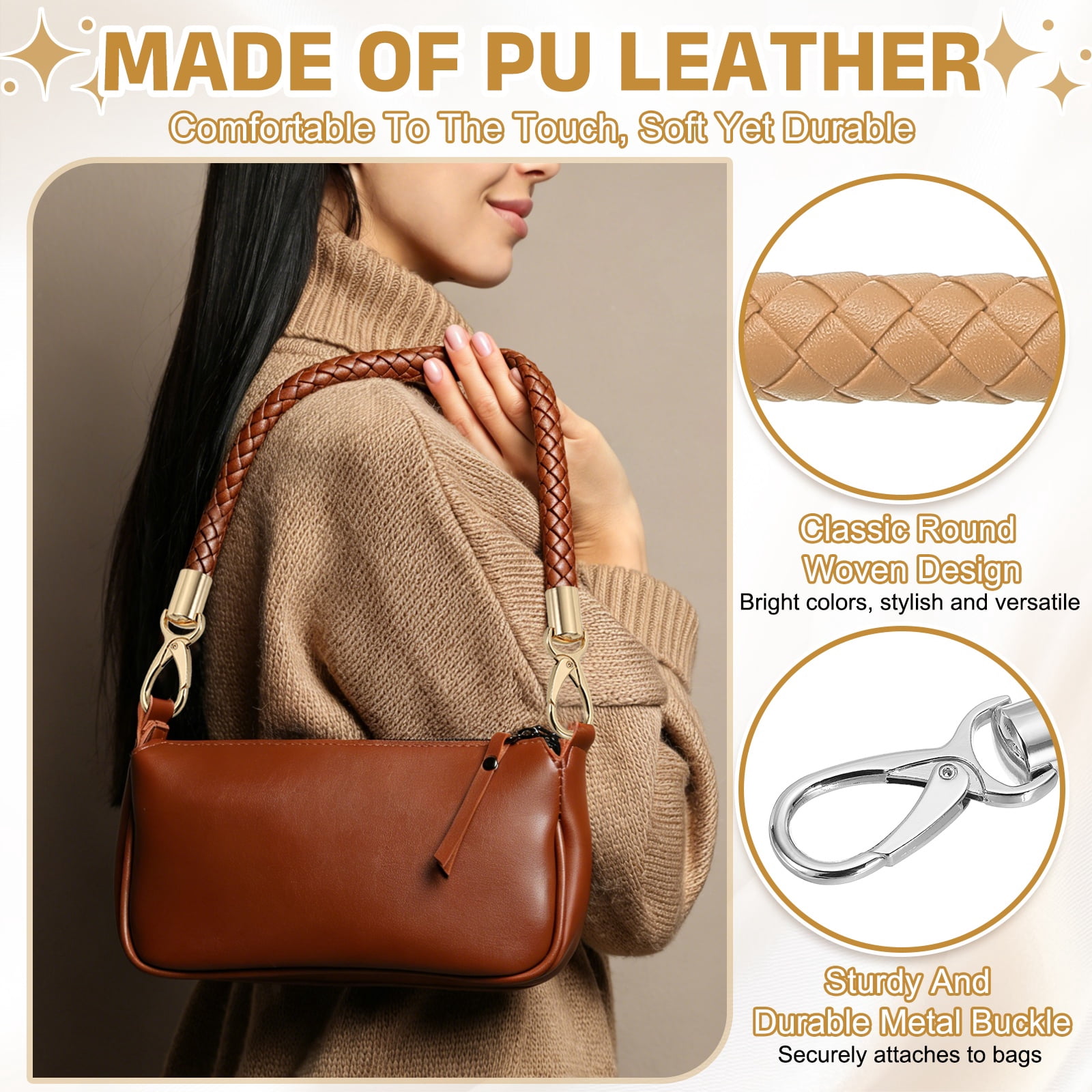 Uxcell 2 Pcs Braided Purse Strap, 65cm 25.6" PU Leather Shoulder Purse Strap for Handbag Bag Handle Replacement for DIY Making Handbag Underarm Bag, Apricot (Silver Buckle)