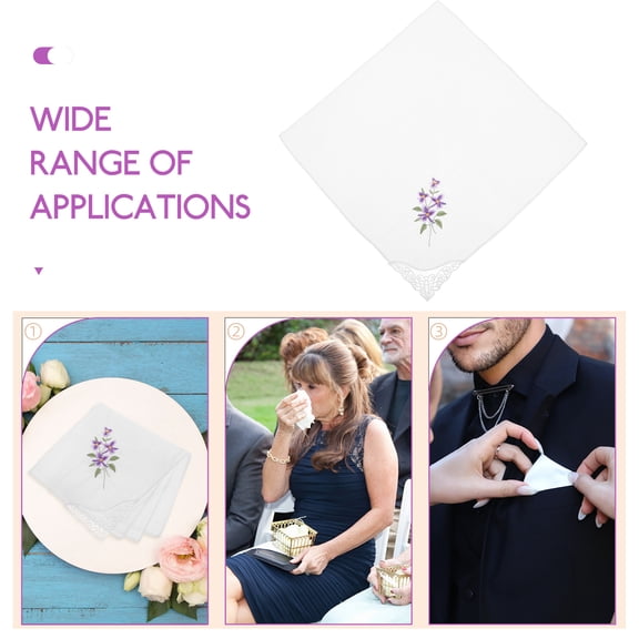 PENIKOKO 1Pack Cotton Handkerchief Lace Embroidery Purple Wedding Daily Use 11.4In
