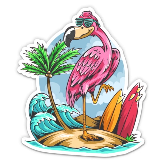 Cool Flamingo on Vacation - 3" Vinyl Sticker - For Car Laptop Water Bottle Phone - Waterproof Decal