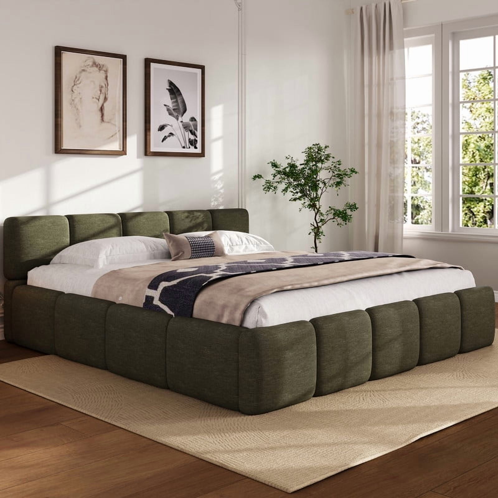 California King Upholstered Platform Bed with Thick Padded Headboard and Footboard Boucle Cloud Bed Frame with Embedded Mattress Design and Wood Slats
