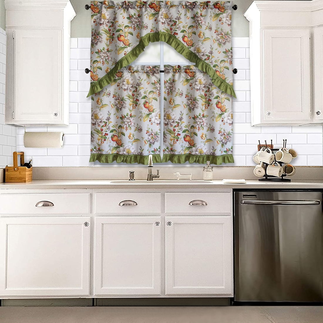 3 PC Kitchen Curtain Swag Set, Fruit Floral Rooster Printed Design Window Panels - Picture 35 of 62