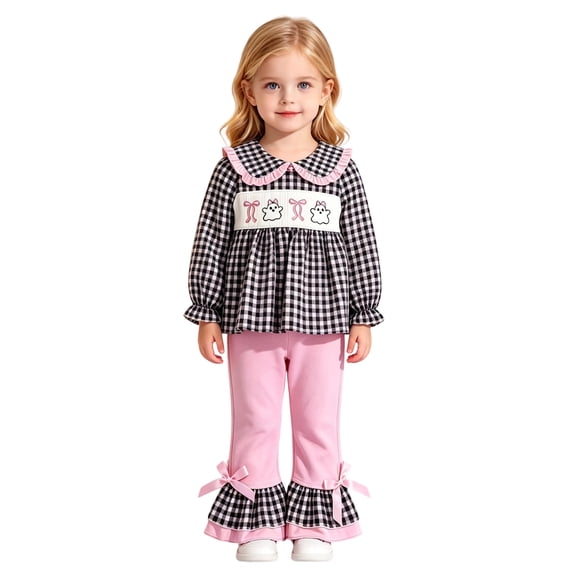 Rggeeun Halloween Girls Outfits Cute Tops Plaid Shirts Baggy Pants Bow Ruffle Flared Hem Matching Sets Daily Wear Classic,Black,2-3 Years
