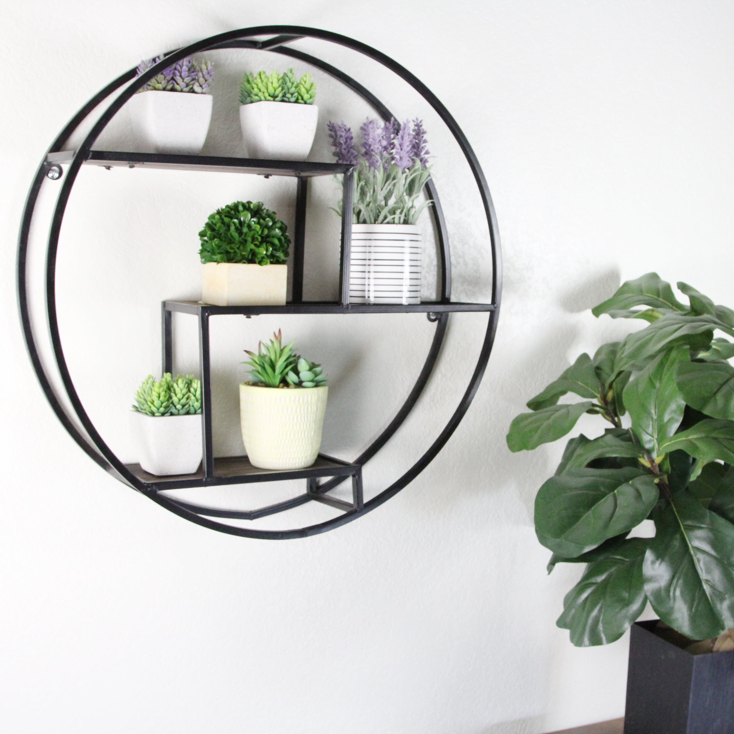 Admired By Nature 23 Inches Round wall-mounted Iron hanging storage floating shelves, Black