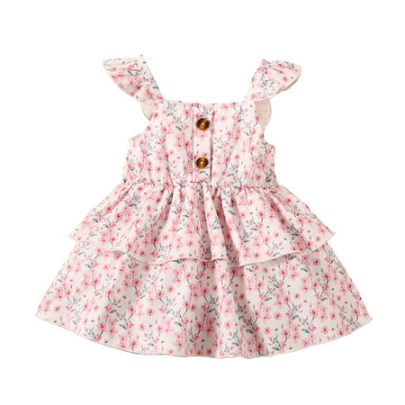 

Kucnuzki Newborn Baby Girl Clothes 9 Months Summer Dress 12 Months Sling Wide Neck Elegant Floral Prints Flouncing Dress Pink