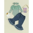 thumbnail image 2 of Bslissey Baby Girls 3Pcs Fall Outfits Long Sleeve Lace Patchwork Crew Neck Romper + Denim Flared Pants + Headband Sets Infant Casual Daily Clothes 0-24 Months, 2 of 9
