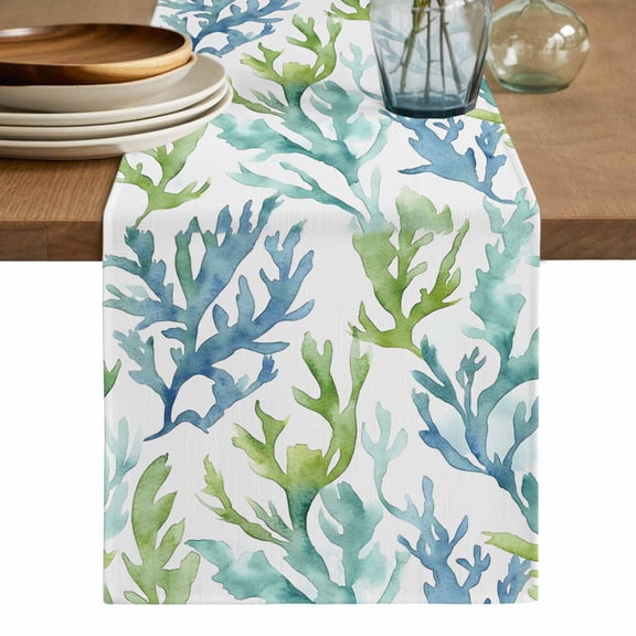 Blue Green Coral Table Runner, Aqua Abstract Coastal Sea Tropical Washable Cotton Linen Table Runners 72 Inches Long, Dresser Scarf Runner for Dining/Coffee/Kitchen/TV Stands/Cabinets 13''x72''