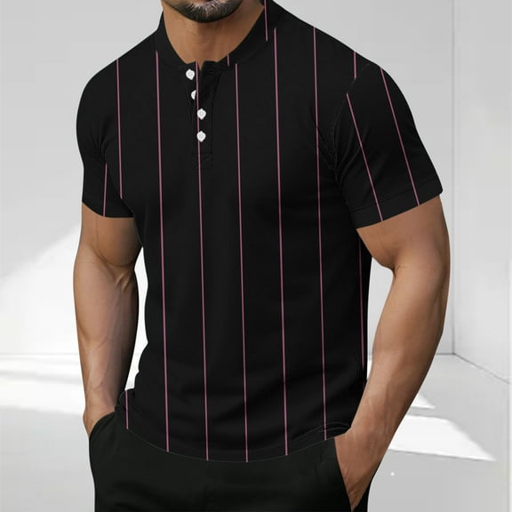 COSFO Short Sleeve Mens T Shirts Casual Henley Tops Loose Pullover Striped Button Mens Graphic Tees