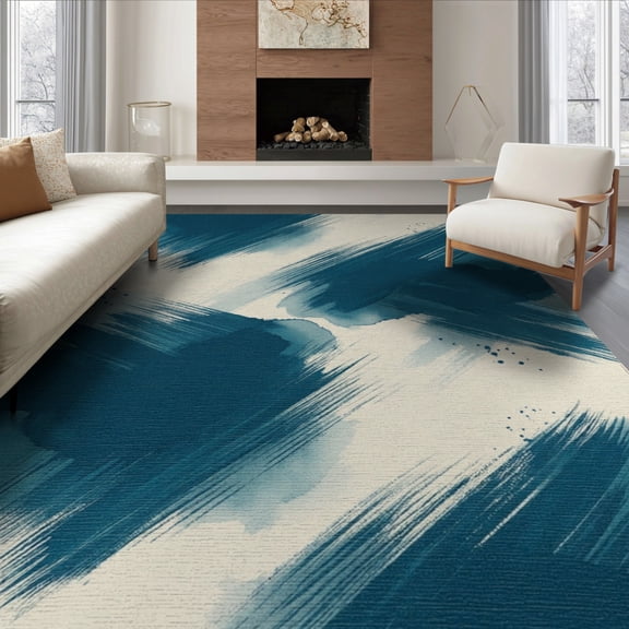ODIKA 8'x10' Washable Area Rug Non-Shedding, Easy Care, Hallway Vintage Long Faded Abstract Asymmetrical Teal Motifs for King Size Bedroom Under Bed, Master Suite