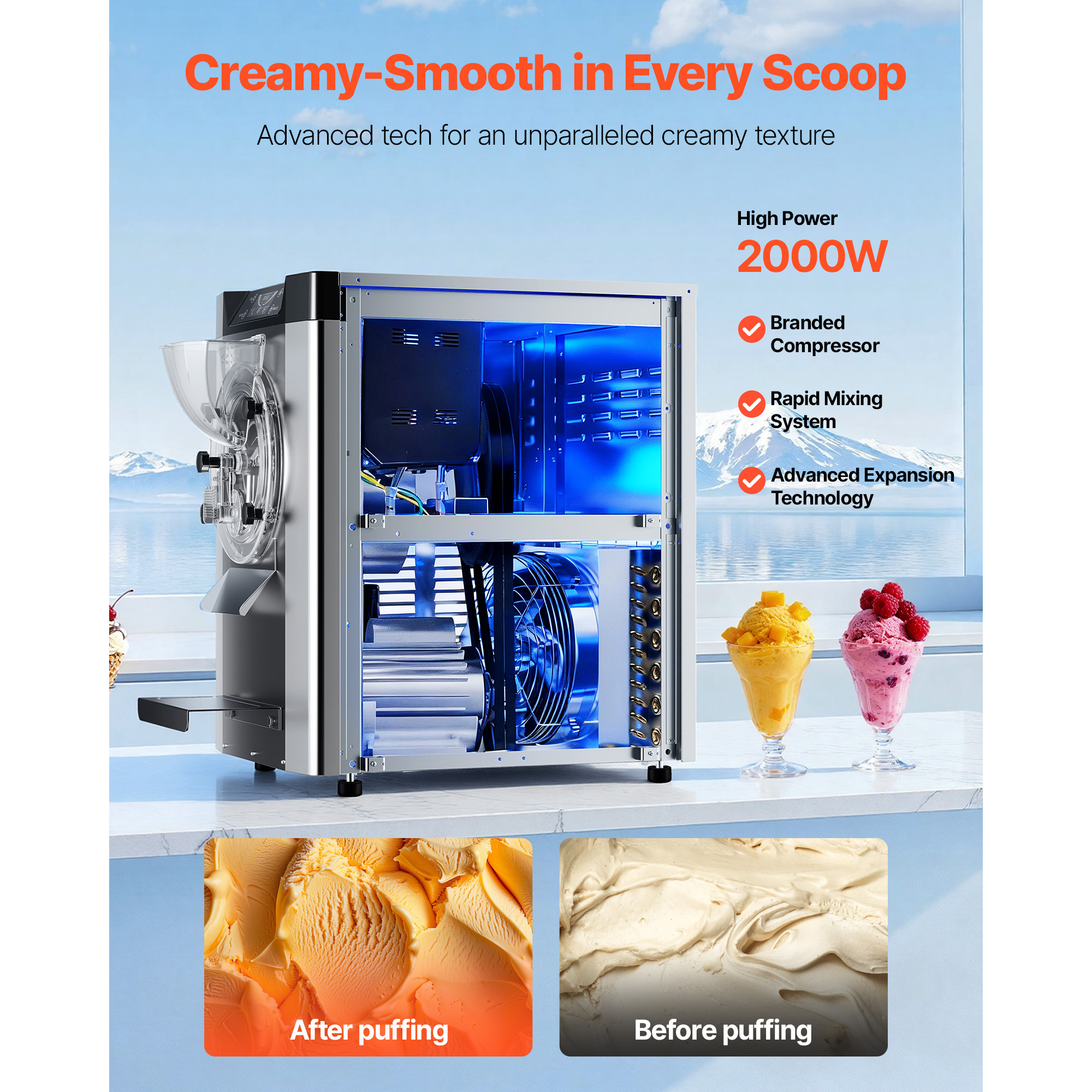 KFFKFF Commercial Hard Ice Cream Machine, Gelato Maker, 201 Stainless Steel 304 Stainless Steel, 19.68×31.30×31.10 in