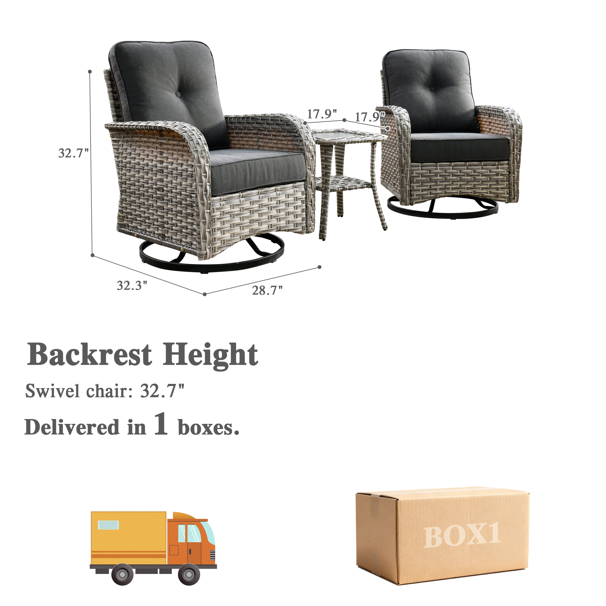Ovios 3 Pieces Patio Furniture Set 2 Swivel Rocking Chairs Wicker Glider Chairs with Side Table for Backyard or Balcony