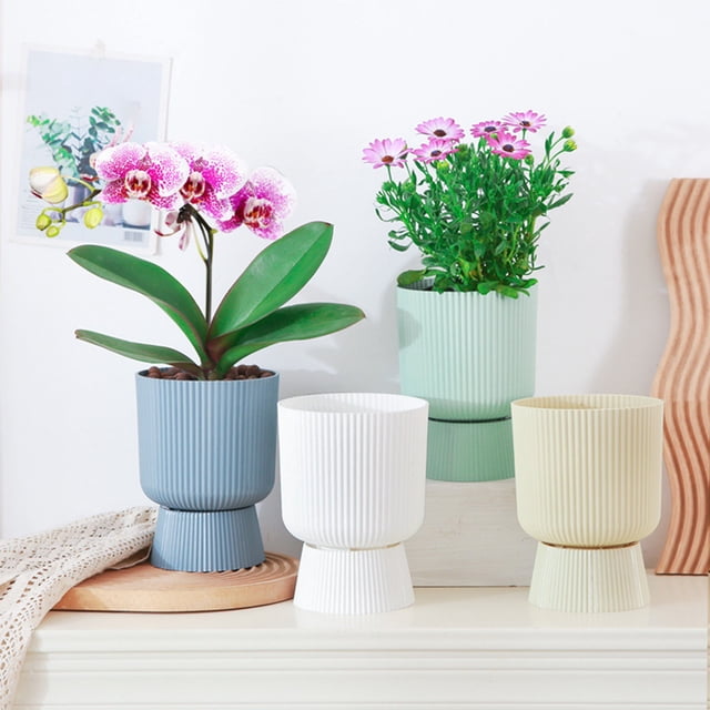 pstuiky High Footed Plastic Flower Pot Modern Nordic Style with Detachable Water Storage Base Self-Watering & Breathable Design 7.48X5.5X5.5 Inch Lightweight Indoor Planter for Small Plants