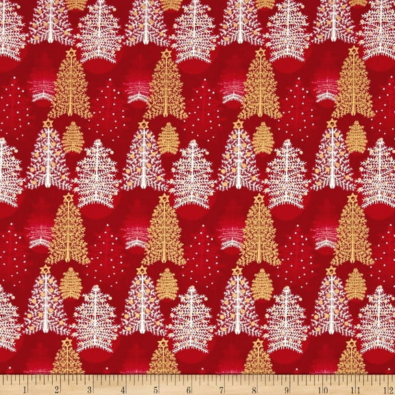 Fabri-Quilt Seasons Greetings Trees Metallic Red 100% Cotton Fabric sold by the yard