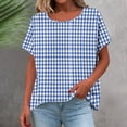 thumbnail image 6 of Women's Gingham Print Tops Crew Neck Short Sleeve Linen T-Shirt Breathable Summer Top for Going Out Vacation Blue XL, 6 of 6