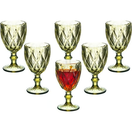 

Vintage Wine Glasses Set of 6 10 Ounce Colored Glass Water Goblets Unique Embossed Pattern High Clear Stemmed Glassware Wedding Party Bar Drinking Cups Green